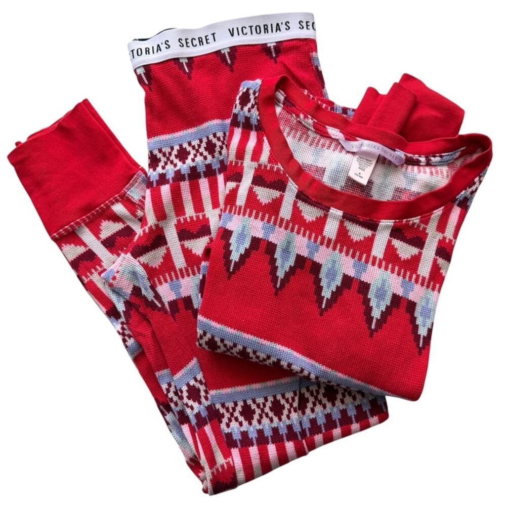 Victoria's Secret Fireside Thermal Pajama Set Red Lipstick Fair Isle Size Medium
